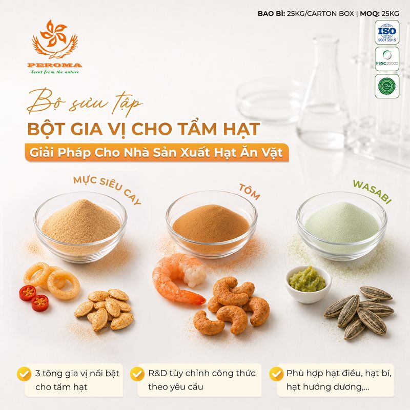 Bột gia vị Mực Siêu Cay, Tôm và Wasabi được phát triển cho ứng dụng tẩm vị hạt ăn vặt
